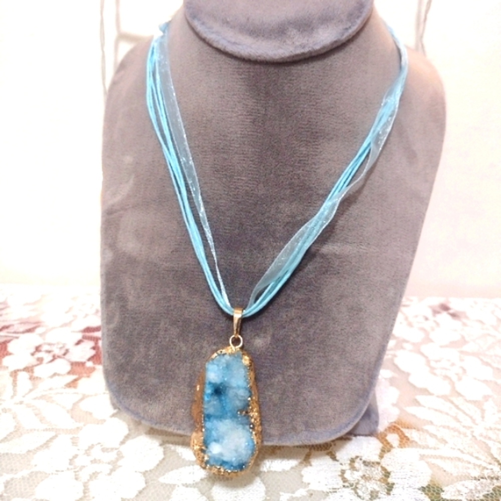 Gold Plated Blue Druzy Crystal Necklace